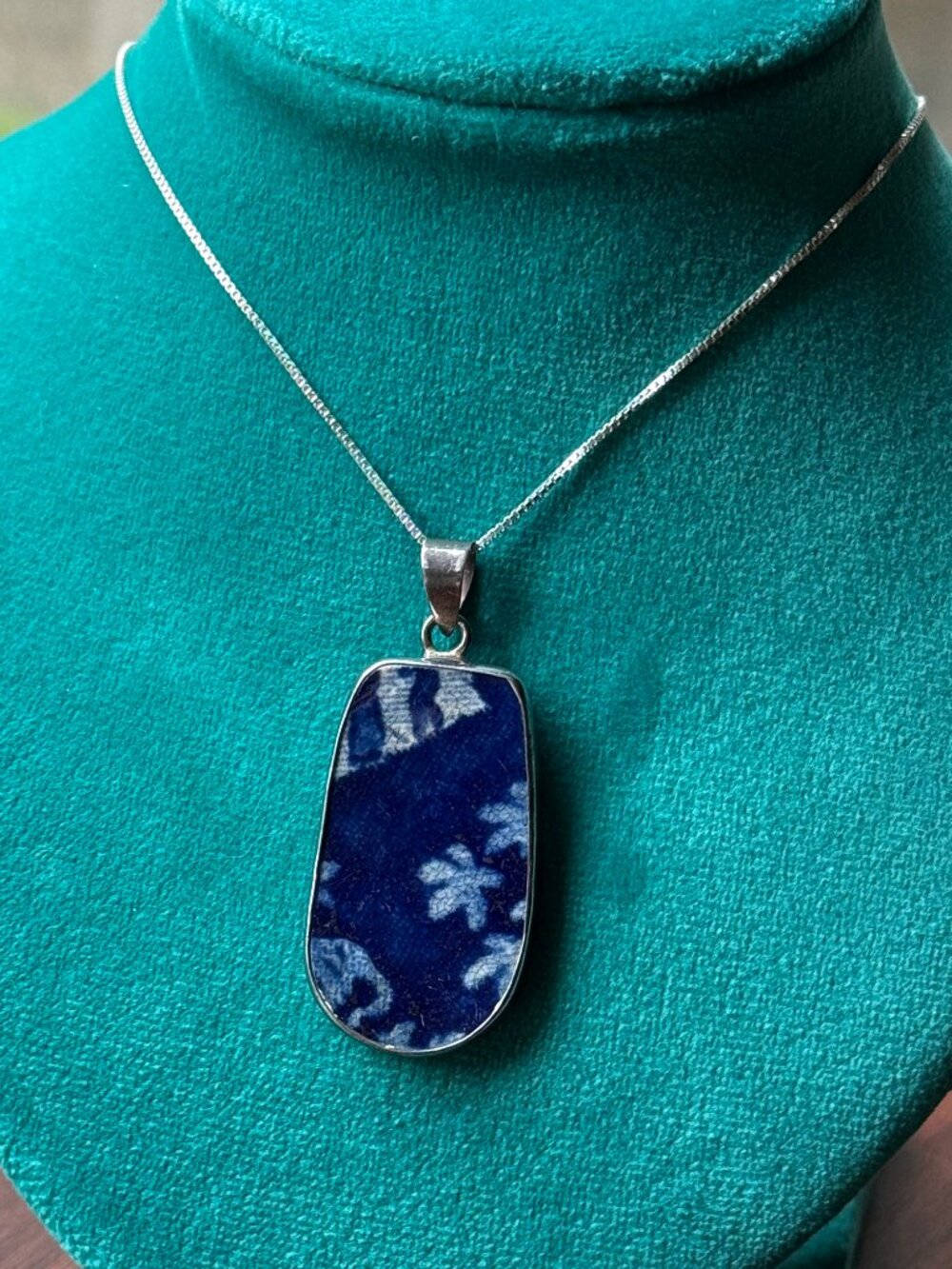 Vintage Ceramic Blue Pottery Necklace in Sterling Silver